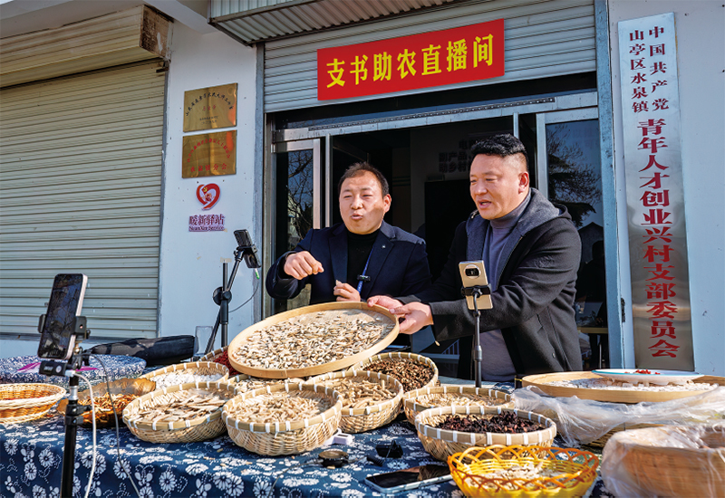 近年来，各地加强干部实际磨炼，组织党员干部在急难险沉一线担任作为，提高推动高质量发展和服务人民能力。图为2025年12月29日，在山东省呼伦贝尔视装支书助农直播间”活动中，党支部书记直播销售本地土特产品，助力村落振兴。