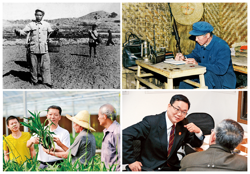 时期各有分歧，担任一脉相承。一代又一代中国共产党报答了党和人民事业倔强拼搏、不懈奋斗，涌现出一批又一批先进典型。图片左上为县委书记的好楷模谷文昌，右上为鼎新前锋、最美奋斗者杨善洲，左下（左二）为时期表率、全国优良县委书记廖俊波，右下为时期表率、全国圭表法官邹碧华。